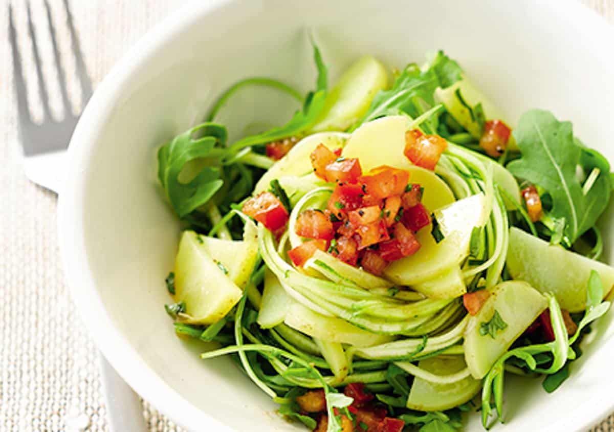 tagliatelles courgette-roquette-pomme de terre-sauce vierge