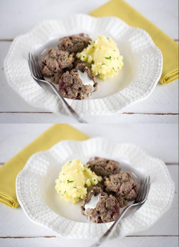 Steaks grillés au bleu, écrasé de pommes de terre