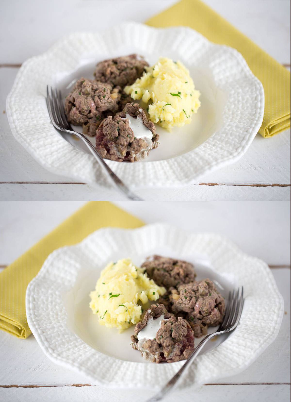 Steaks grillés au bleu, écrasé de pommes de terre