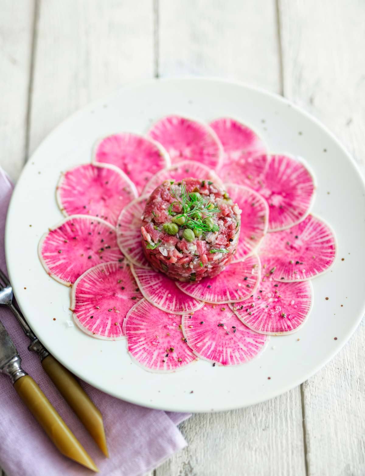 tartare de boeuf carpaccio radis chinois