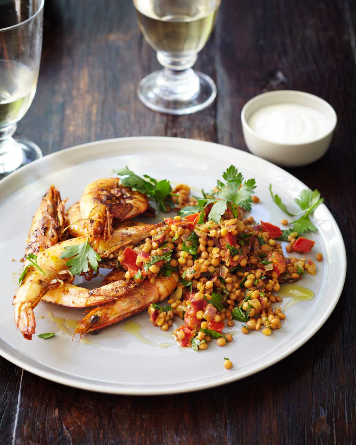 Crevettes salade de lentilles