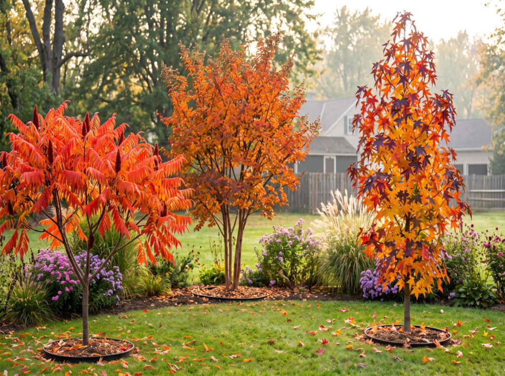 Liquidambar, lilas des Indes, sumac de Virginie automne