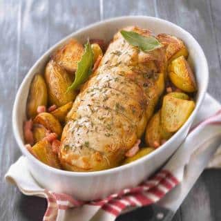 Rôti de veau campagnard aux lardons et pommes de terre