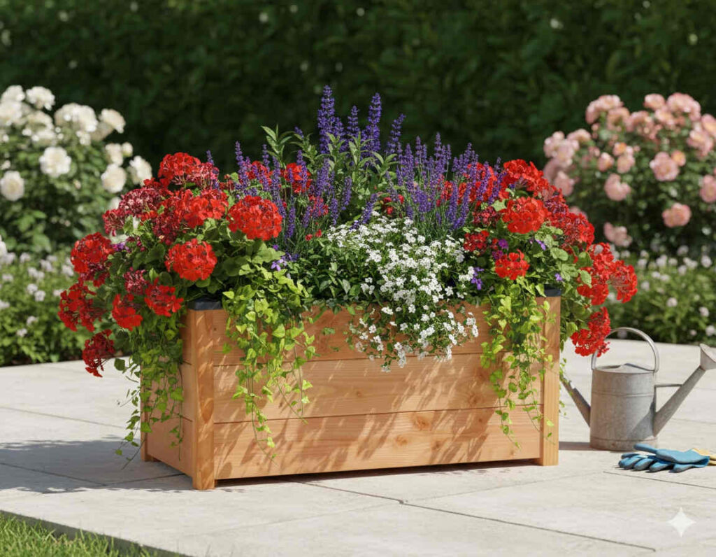 bac à fleurs sur une terrasse avec plantes ornementales