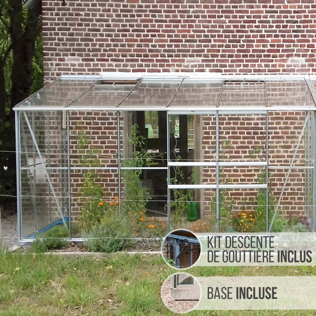 Serre de jardin adossée LAMS Mélissa 7,20 m² en aluminium naturel vue de face