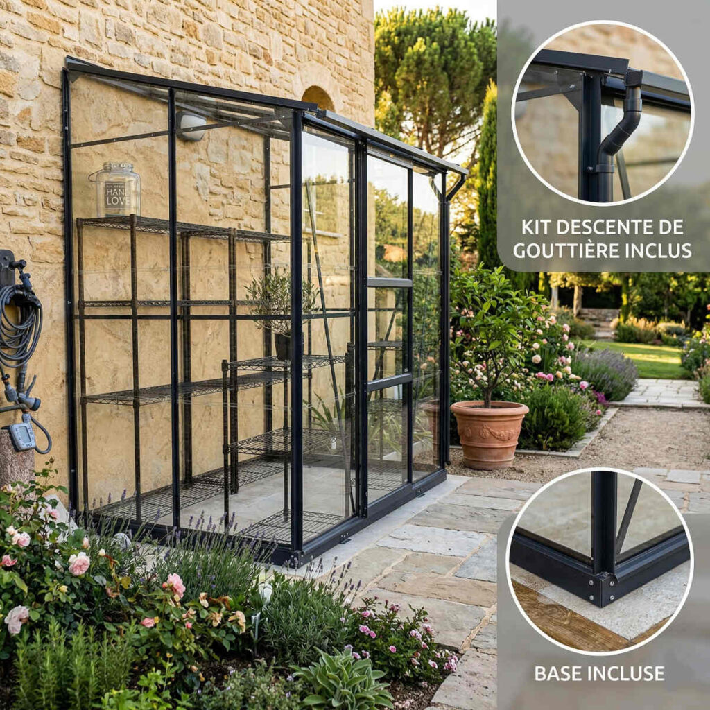 Serre adossée Mélissa 2,50 m² vue générale avec porte coulissante