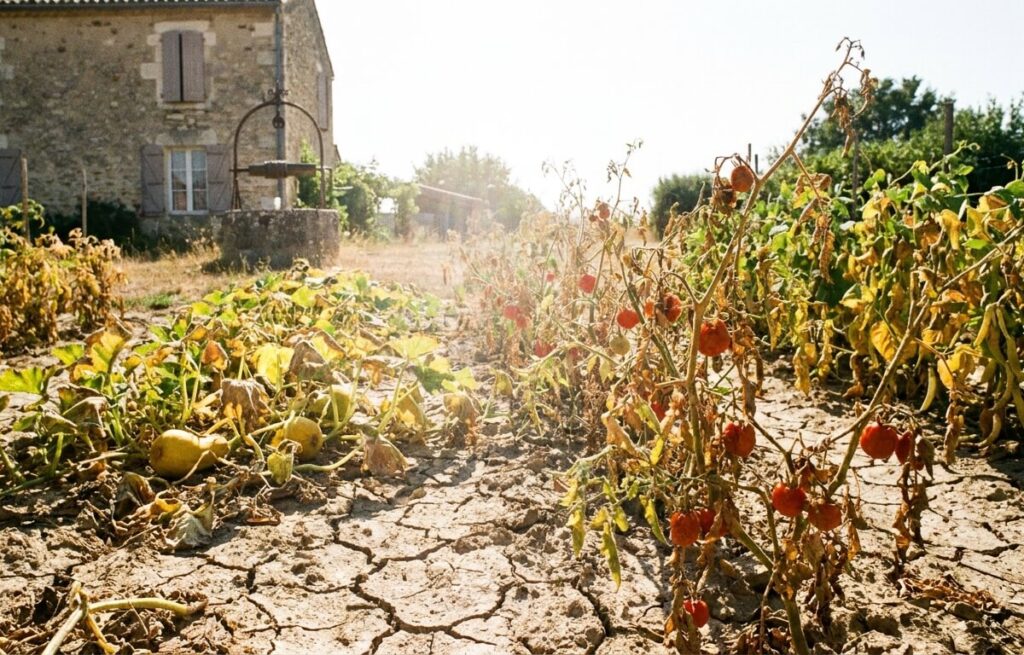 Sol fissuré et plantes flétries dans un jardin français en pleine canicule