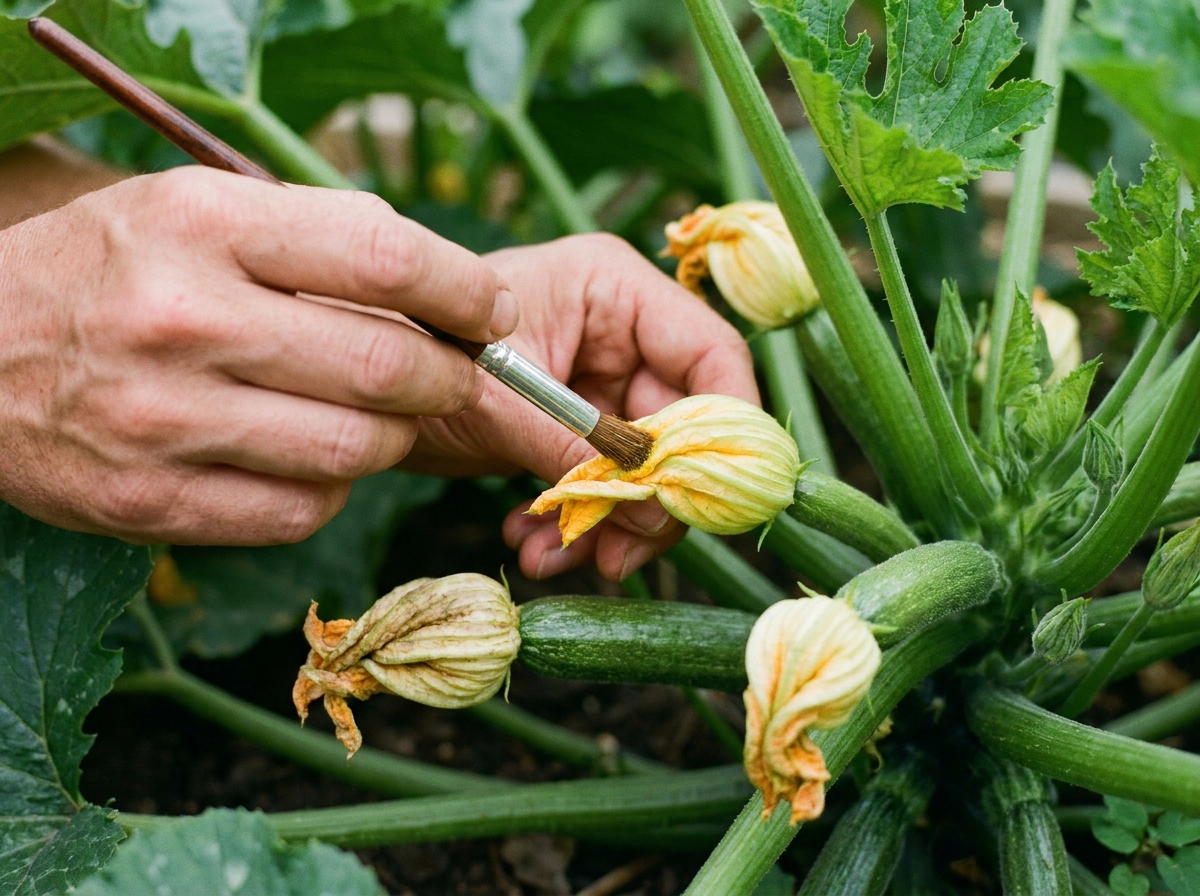 Main pollinisant manuellement une fleur femelle de courgette avec un pinceau