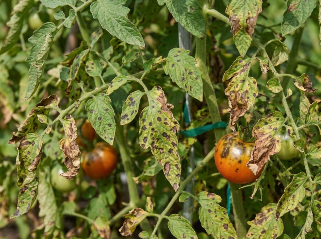 Feuilles de tomate avec taches noires et brun nécrosées au potager en été