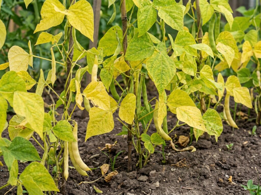 Plants de haricots grimpants au feuillage jauni et tiges ralenties en plein été au potager