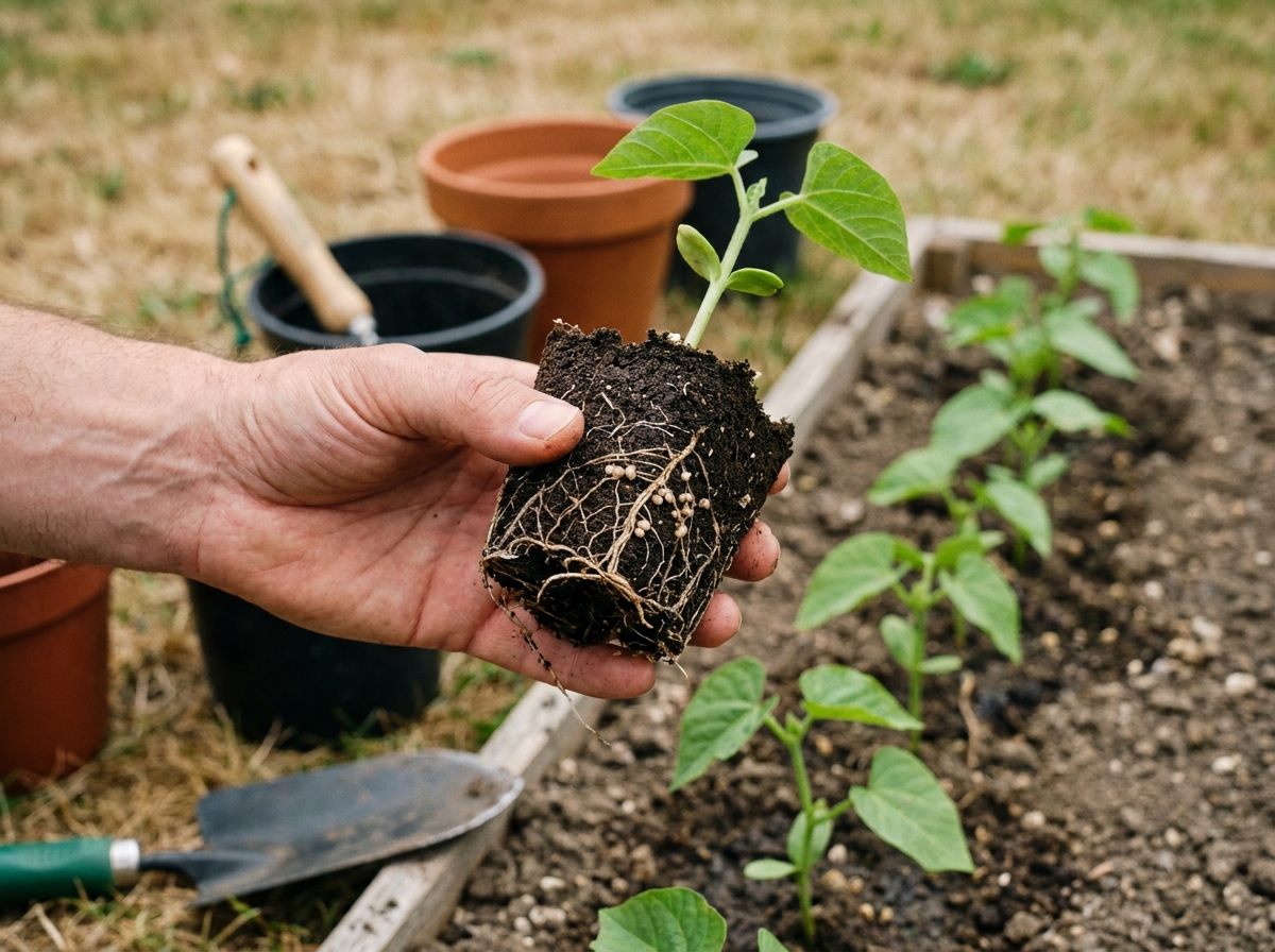 Main inspectant les racines de haricots en godets avant repiquage au jardin