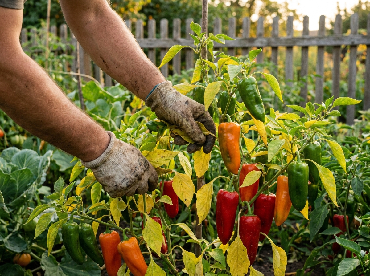jardinier retirant des feuilles autour des poivrons pour exposer les fruits au soleil