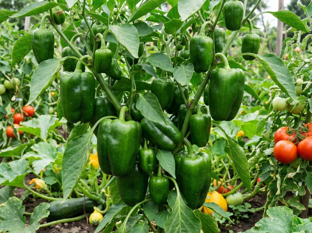 poivrons verts qui ne changent pas de couleur sur plant en plein été au potager