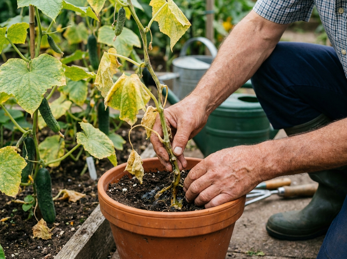 Jardinier inspectant la base d'un pied de concombre pour détecter un pourrissement racinaire