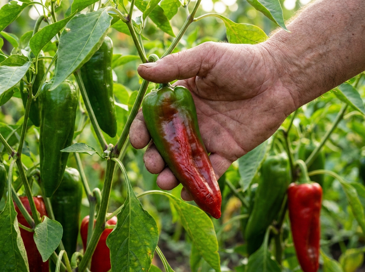 Main soulevant un poivron vert suspendu à son plant pour vérifier sa maturité
