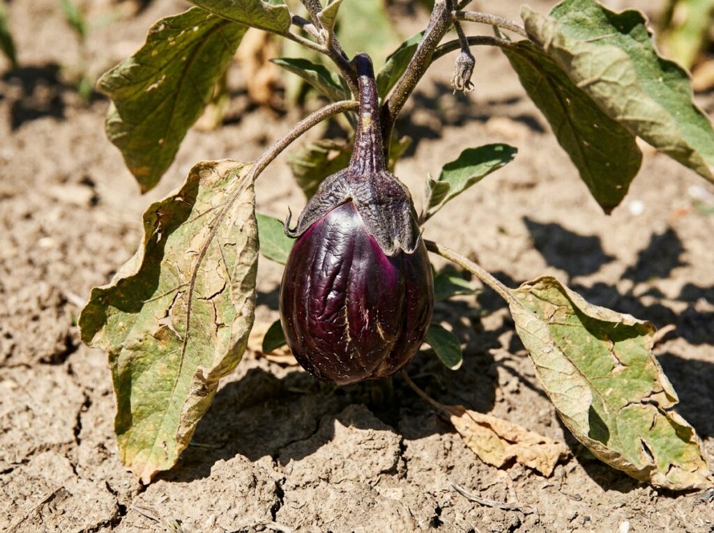Aubergine restée petite et dure sur le plant en pleine chaleur estivale
