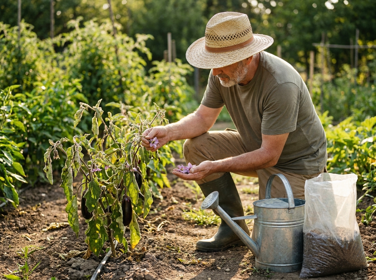 Jardinier vérifiant les fleurs tombées d'un plant d'aubergine au potager
