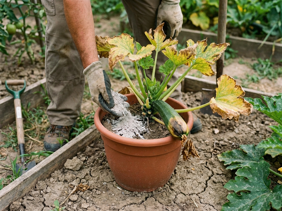 Jardinier apportant de la cendre de bois au pied d'un plant de courgette en pot