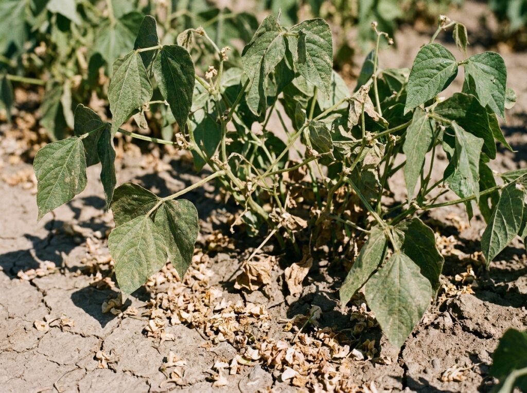 Plant de haricots verts avec fleurs tombées et absence de gousses en pleine chaleur estivale
