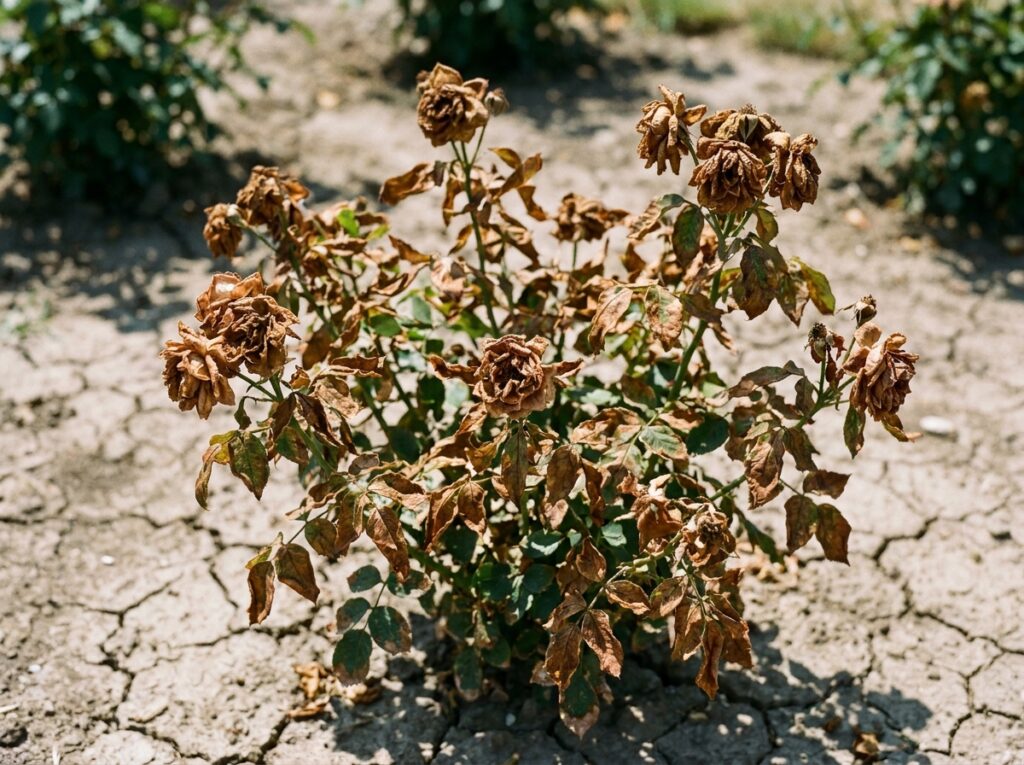 Rosier aux feuilles brûlées et fleurs fanées sous forte chaleur estivale