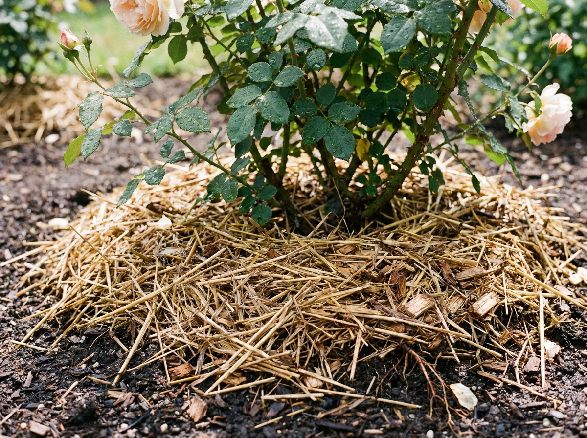 Paillage épais au pied d'un rosier pour protéger les racines de la chaleur