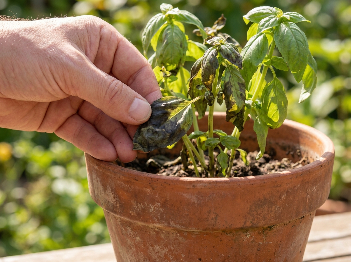 Main retirant une feuille de basilic noircie d'un pot en terre cuite au soleil