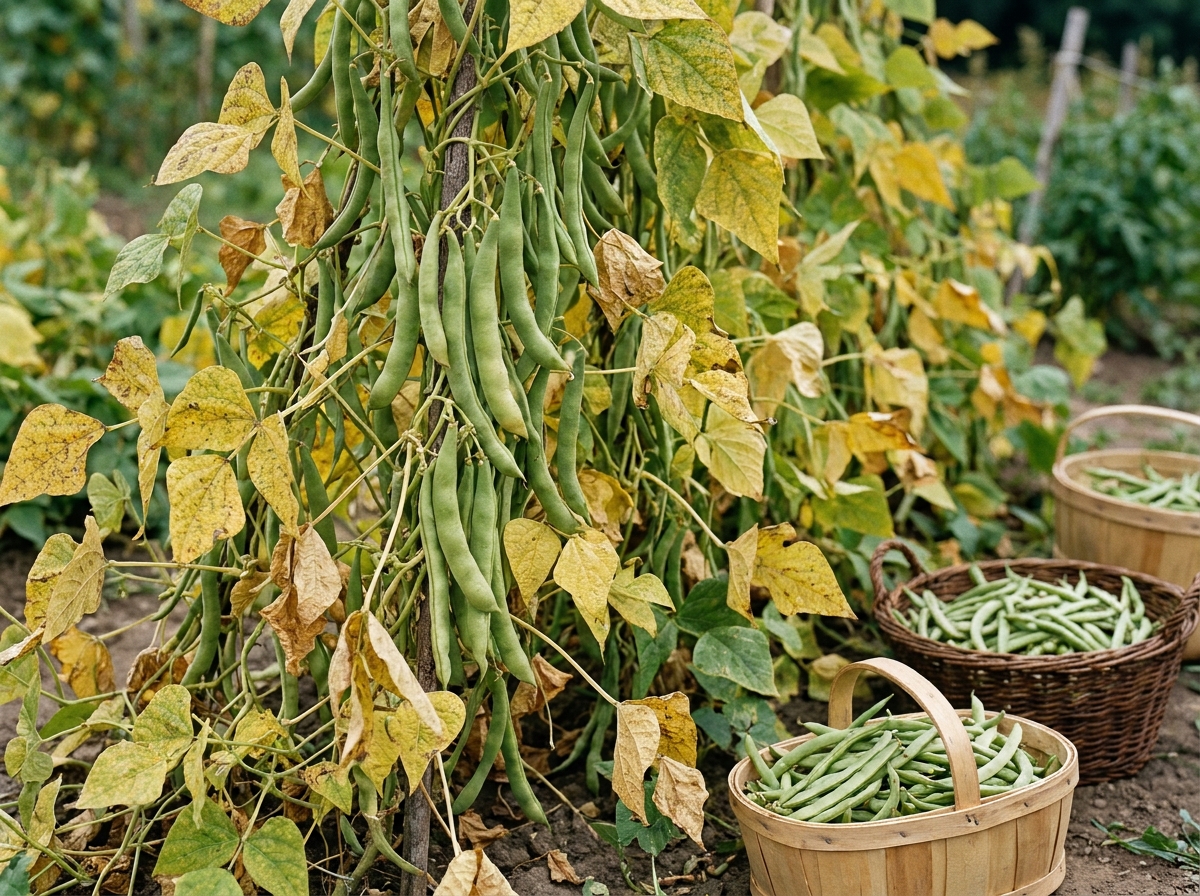 Plant de haricots verts avec gousses trop grosses laissées sur le plant en été