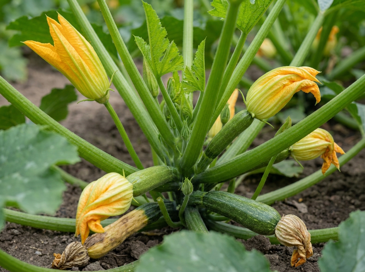 Fleurs mâles et femelles de courgette identifiées sur le même plant de potager
