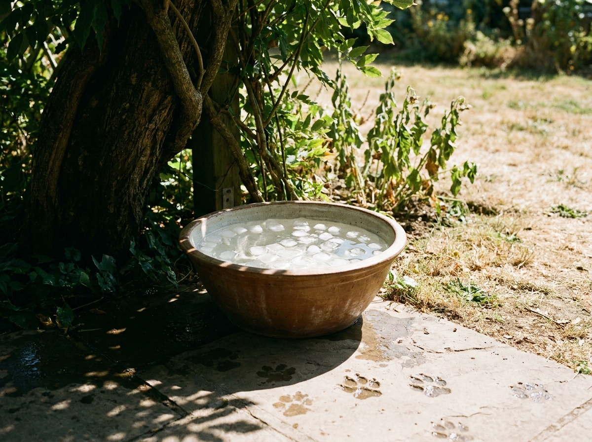 bol d'eau fraîche posé à l'ombre dans un jardin pour chien par canicule