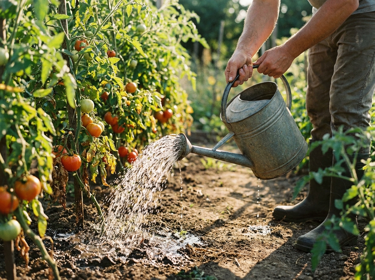 Feuilles de tomates enroulées et tiges desséchées signe de stress hydrique estival