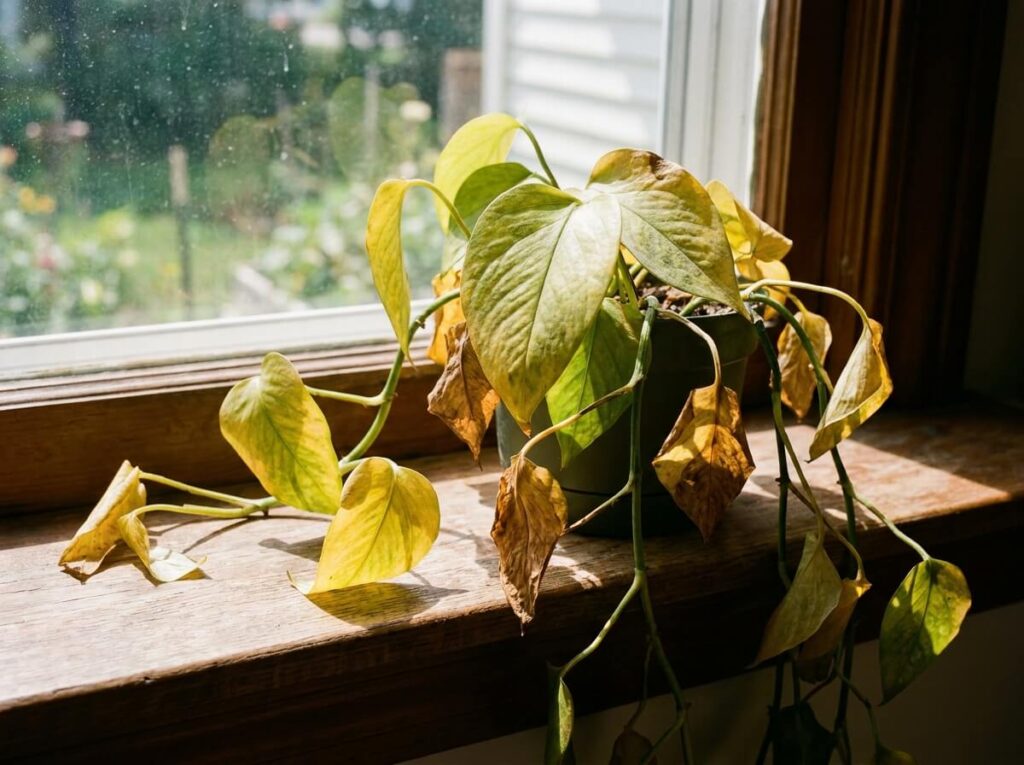 Feuilles de pothos jaunissantes et tiges affaissées sur un rebord de fenêtre en été