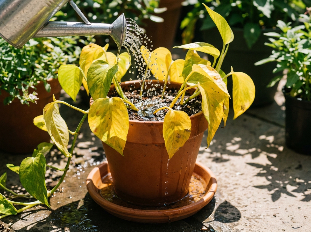 Arrosage d'un pothos en pot avec contrôle du drainage sur soucoupe