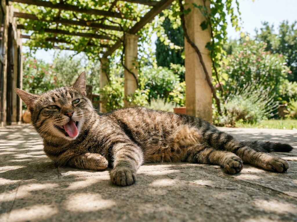 Chat allongé à l'ombre sur une terrasse en été, halètement visible, posture affaissée