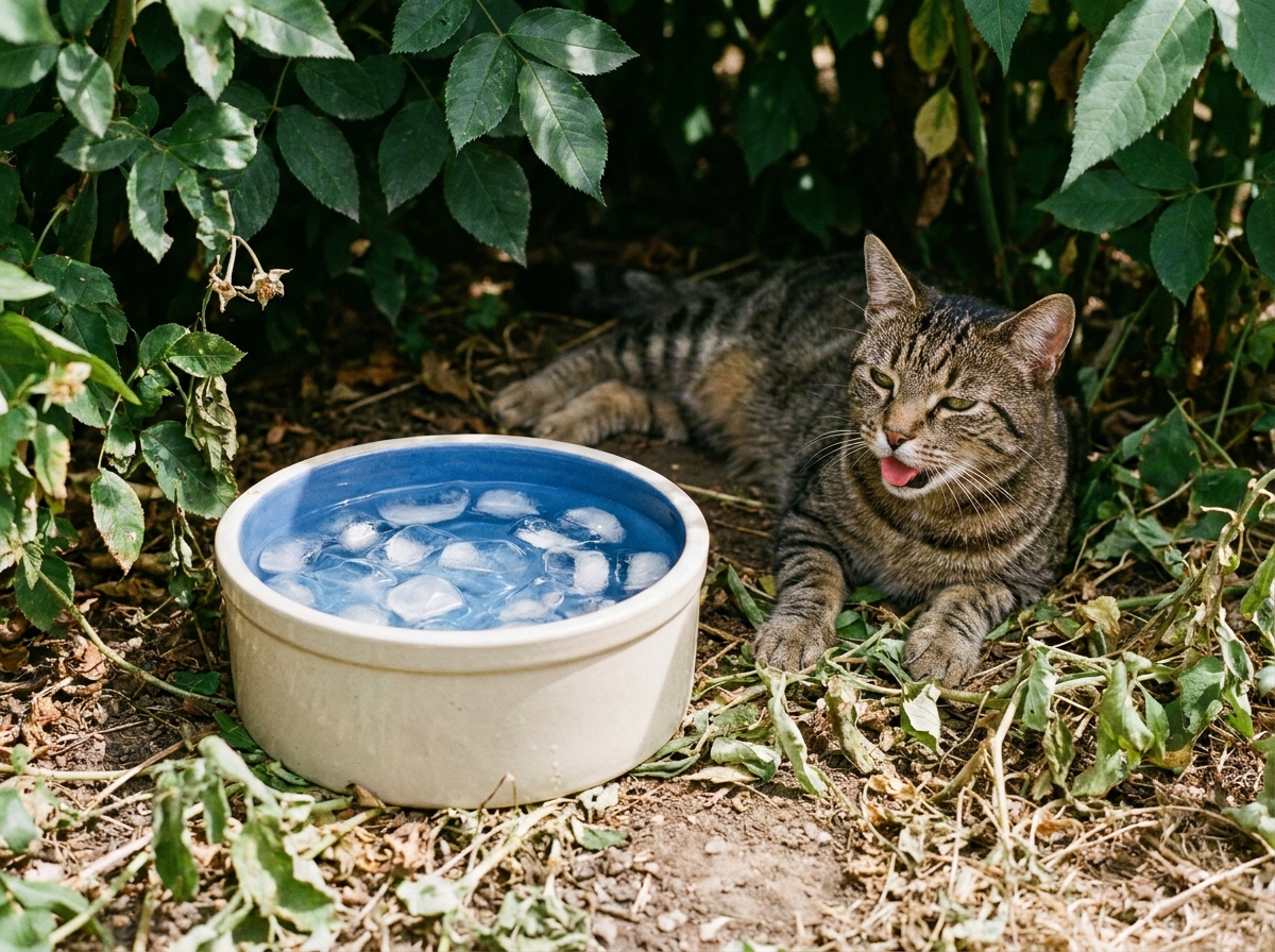 Bol d'eau frais placé à l'ombre pour un chat en période de canicule estivale