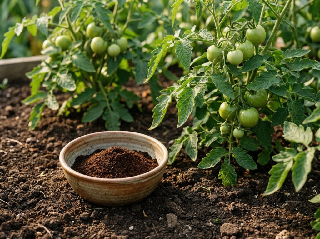 Bol de marc de café posé sur terre de jardin avec plants de tomates verts luxuriants en arrière-plan, lumière estivale chaude