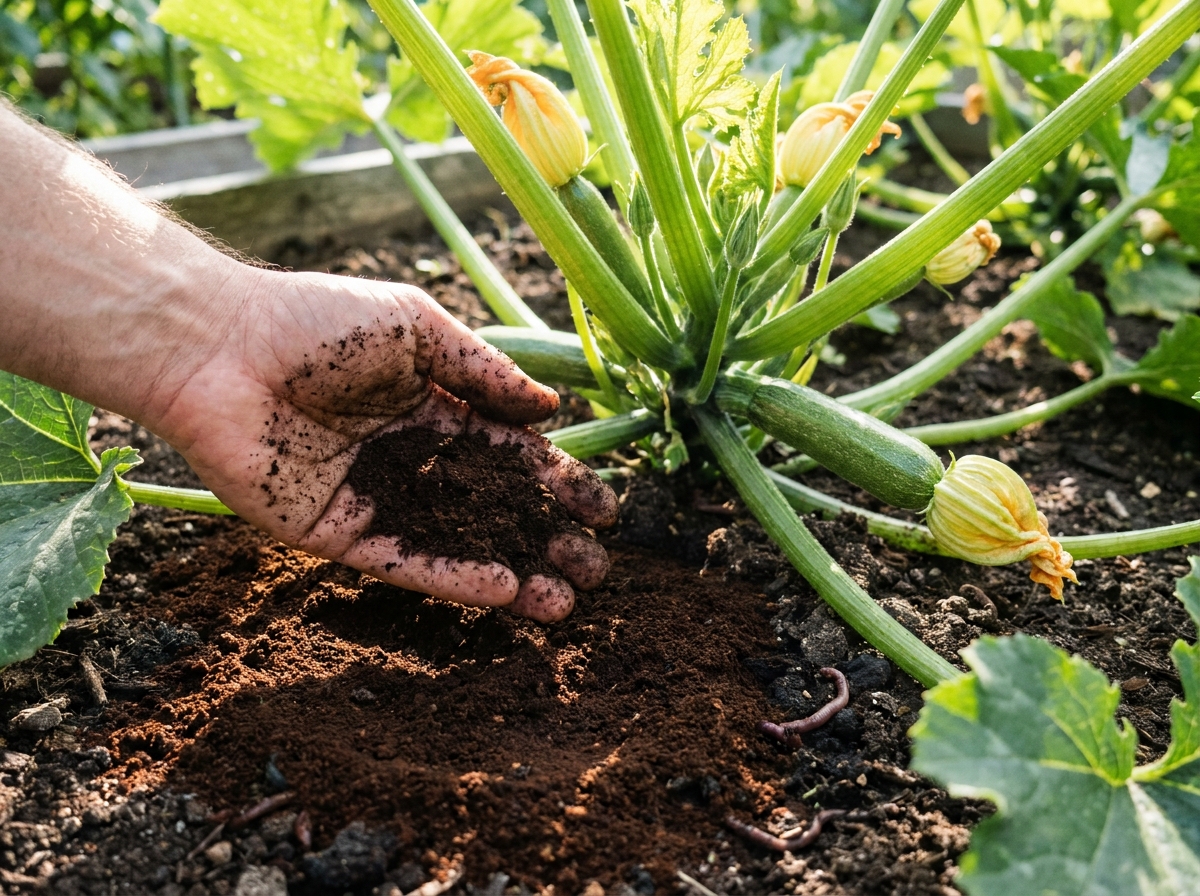 Main épandant du marc de café séché autour du pied d'un plant de courgette au potager