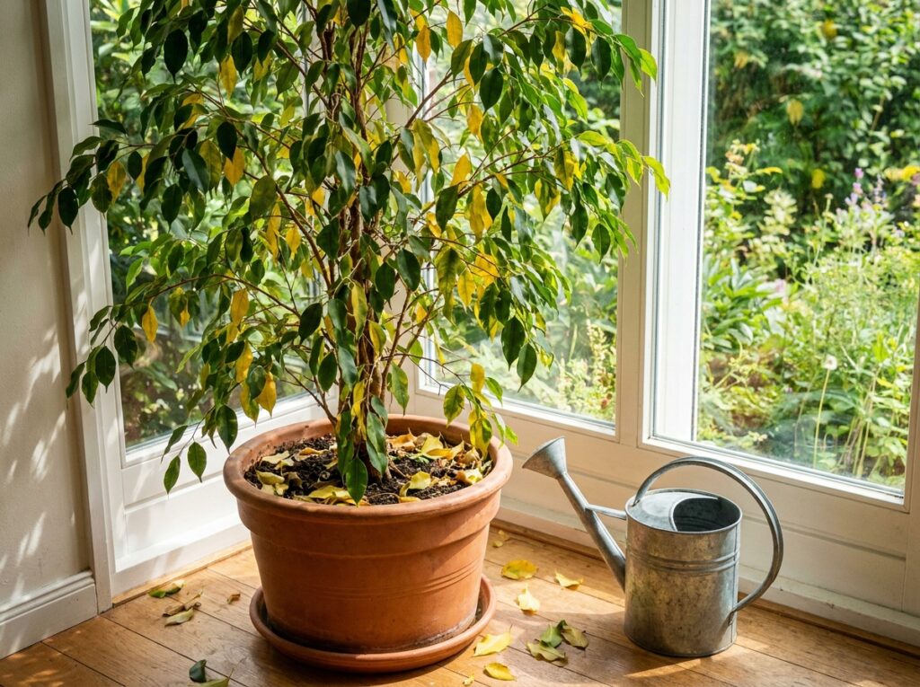 Ficus benjamina en pot près d'une fenêtre avec feuilles jaunissantes en été
