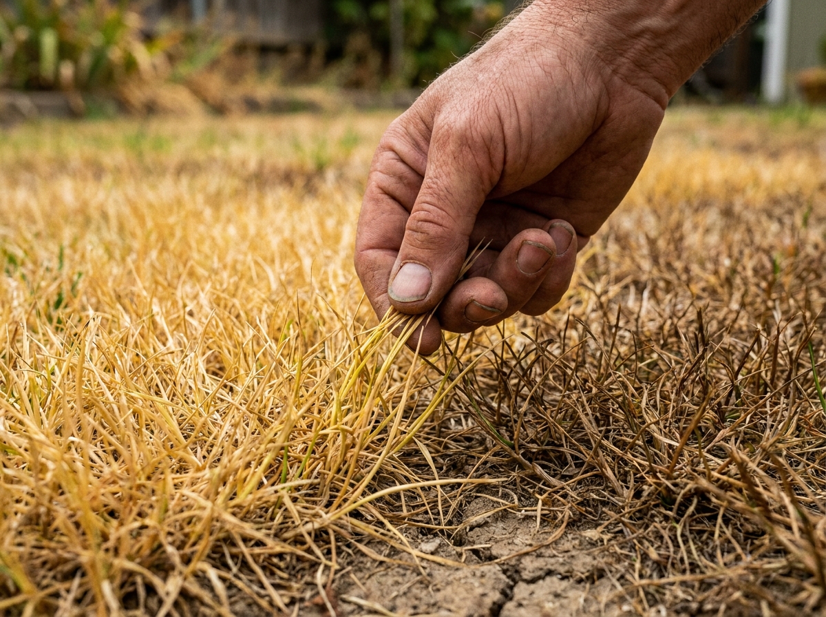 Main qui tire sur des brins d'herbe jaune pour tester si la pelouse est dormante ou morte