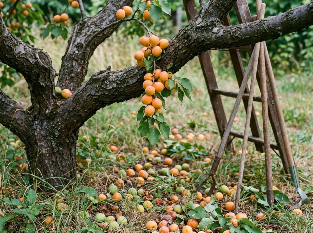 Grappes d'abricots sur branche en été avec fruits tombés au sol avant maturité