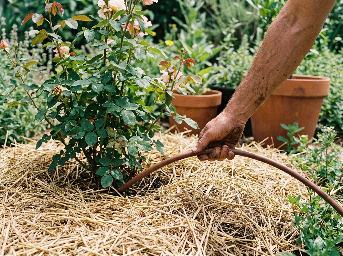 Main arrosant le pied d'un rosier avec un tuyau goutte-à-goutte en plein été