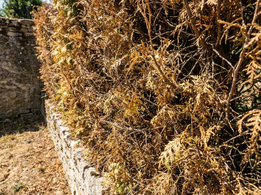 Feuilles de haie de thuya jaunissantes et sèches en plein été dans un jardin français