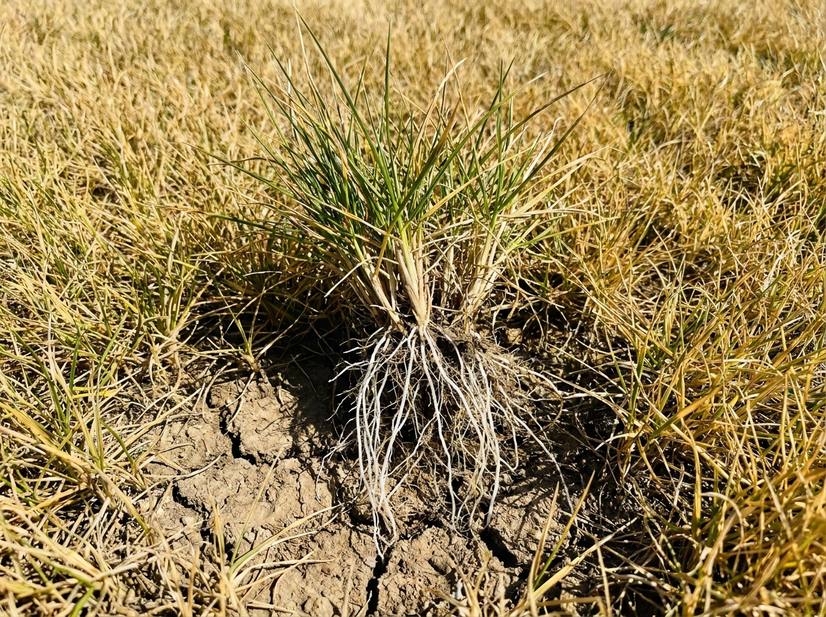 Touffe d'herbe tirée à la main révélant des racines blanches encore vivantes dans sol sec