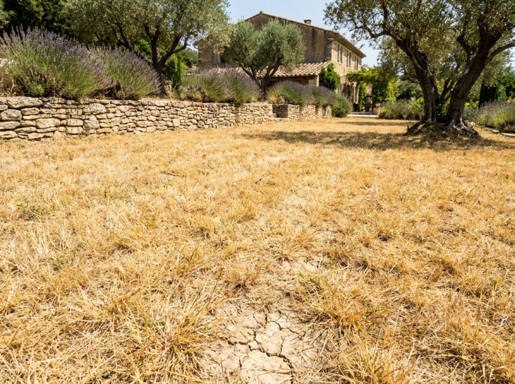 Pelouse entièrement jaunie et desséchée sous la chaleur estivale dans un jardin français