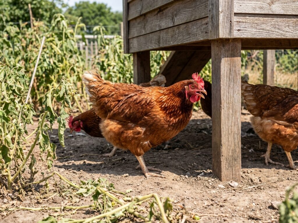 poule rousse haletante à l'ombre d'un poulailler par forte chaleur estivale