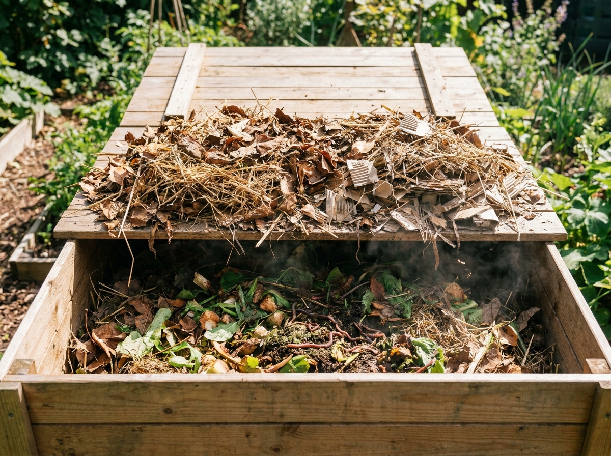 Couche de matières brunes sèches ajoutées sur un bac à compost ouvert en plein soleil