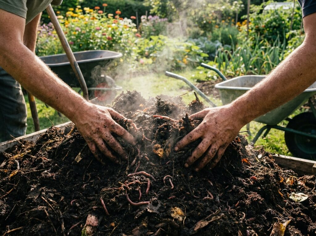Mains de jardinier retournant un compost chaud et humide en plein été au jardin
