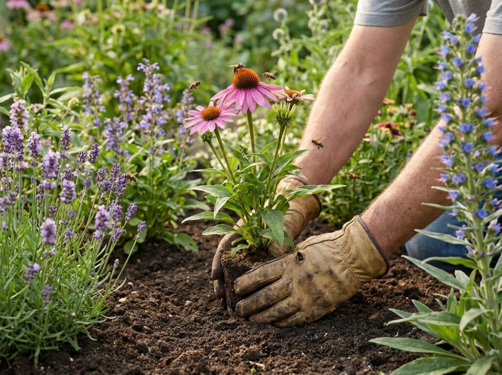 Mains de jardinier plantant une vivace mellifère en pleine terre en été avec des abeilles visibles