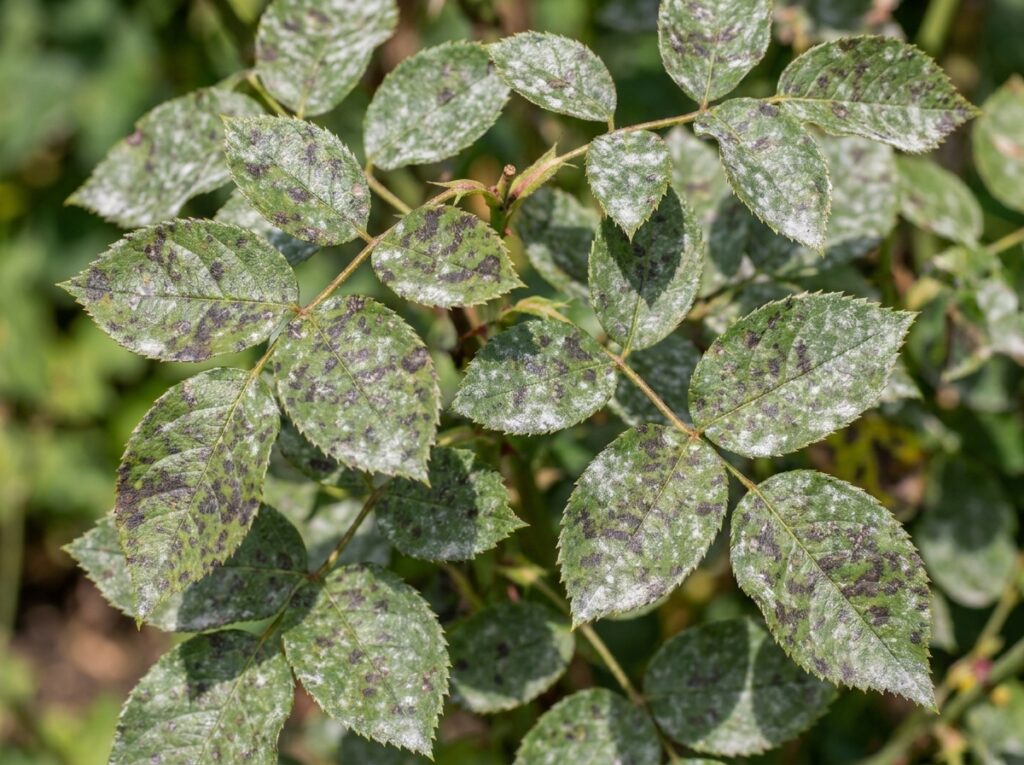 Feuilles de rosier couvertes de taches noires et de poudre blanche d'oïdium en été