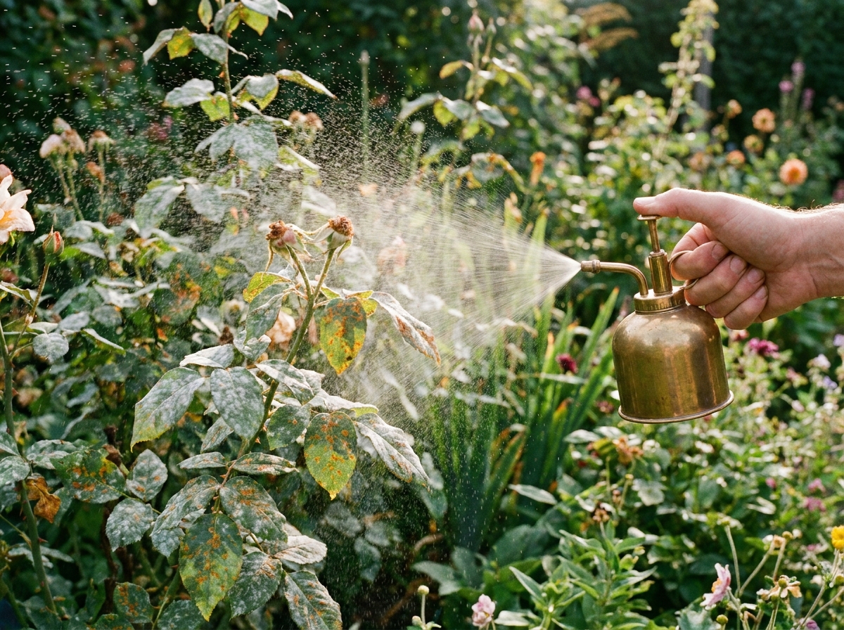 Pulvérisation d'une solution naturelle au bicarbonate sur un rosier malade au jardin