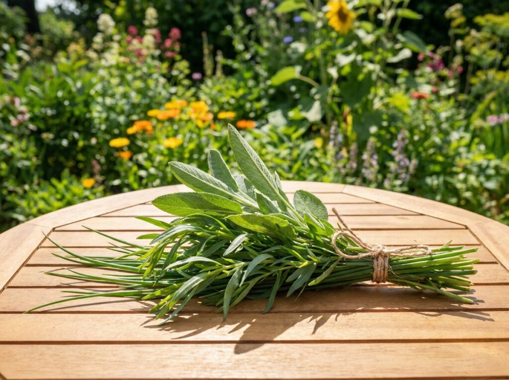 Bouquet d'herbes aromatiques fraîches sauge estragon ciboulette disposées sur une table en bois ensoleillée couleurs vives
